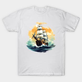 A vintage looking ship sails across the giant waves in a sunset enviornment 4 T-Shirt